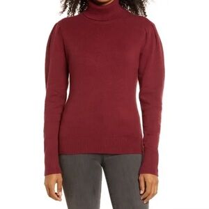 New Rachel Parcell Puff Shoulder Turtleneck Wool Blend Sweater in Red Cordavan